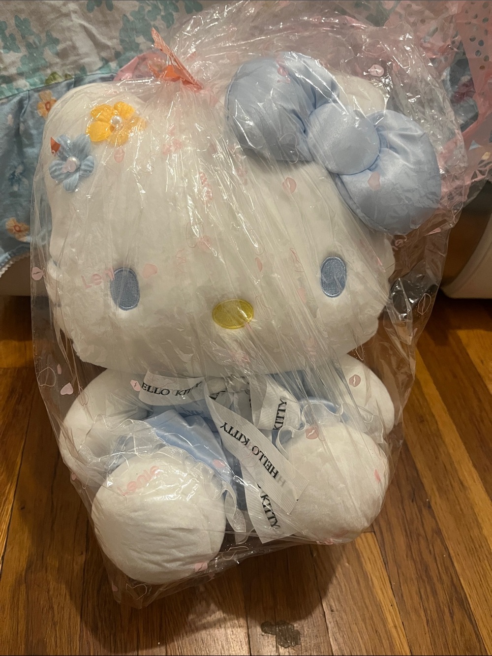Hello Kitty White Plush with Light Blue Bow and Yellow flower